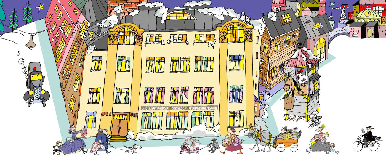 Lastentarhamuseon joulukalenteri koko leveydessään. Kuvassa on kuvittaja Jukka Lemmetyn näkemys talvisesta ja jouluisesta Ebeneser-talosta sekä seudun muusta maisemasta. Kuvassa näkyy osittain myös Suvilahti. Ebeneser-talon edessä ihmiset touhuilevat ja kiiruhtavat jouluasioita.