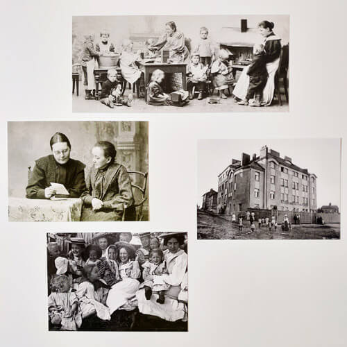 Kuvassa on neljä postikorttia, joiden kuvat ovat Ebeneser-säätiön valokuva-arkistosta. Kuvat ovat 1900-luvun taitteen molemmin puolin ja keskittyvät lastentarhatyön uran uurtajiin Hanna Rothmaniin ja Elisabeth Alanderiin.