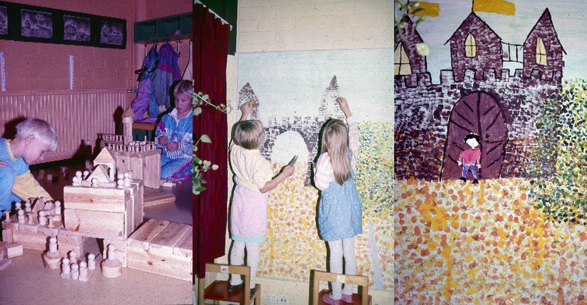 Kollaasikuva, jossa vasemmalla kaksi lasta rakentaa palikoista linnaa. Keskimmäisessä kuvassa kaksi lasta maalaa pilkutustekniikalla seinälle asetettuun suureen maalausalustaan linnan ääriviivoja. Oikeanpuoleisessa kuvassa maalaus, jota kaksi lasta keskimmäisessä kuvassa tekevät, on valmis. Teoksen tekemiseen on osallistunut varmasti koko lapsiryhmän lapset omilla vuoroillaan. Lastentarhamuseon valokuvakokoelma.