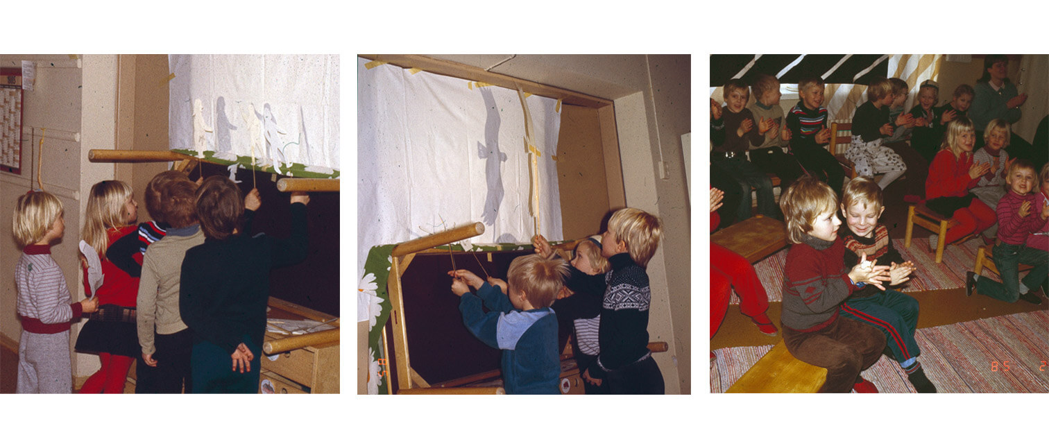 Kolme kuvaa, joista kaksi vasemman puoleista on kuvattuna varjoteatteriesityksen esiripun takaa näyttelijöiden puolelta ja yksi innostuneen yleisön puolelta. Lastentarhamuseon valokuvakokoelma.