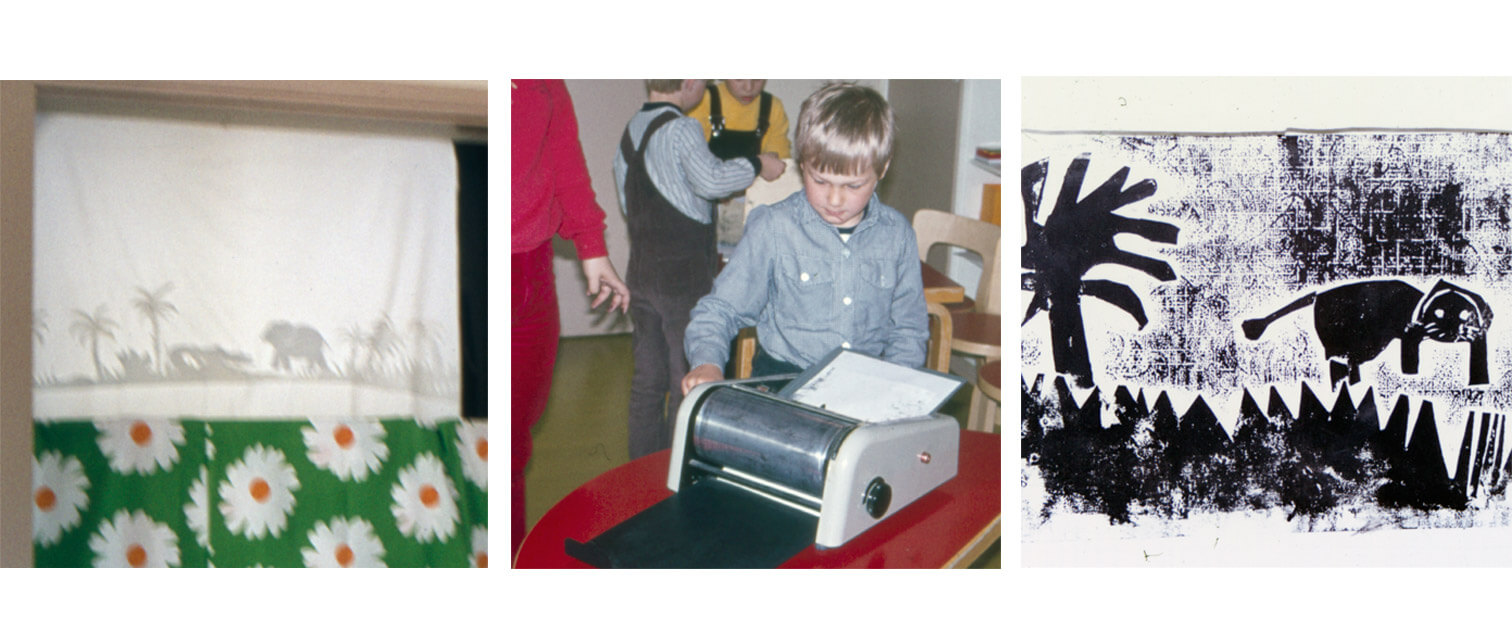 Varjonukketeatteria prosessin eri vaiheissa. Vasemman puoleisessa kuvassa esitystilanne, missä lakanaan on piirtyneenä varjoteatterihahmoja. Keskimmäisessä kuvassa on varjoteatterin innoittamaa ja esimerkillistämää grafiikan painoa ja oikealla puolella painettu grafiikka. Lastentarhamuseon valokuvakokoelma.