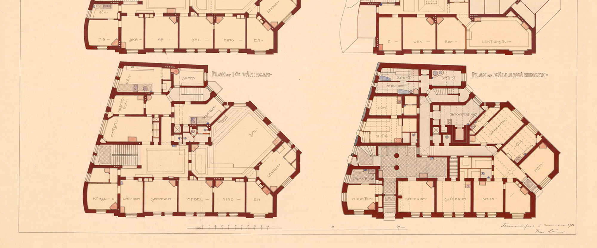 Ebeneser-talon pohjapiirustus vuodelta 1906. Arkkitehtuuri- ja Designmuseo